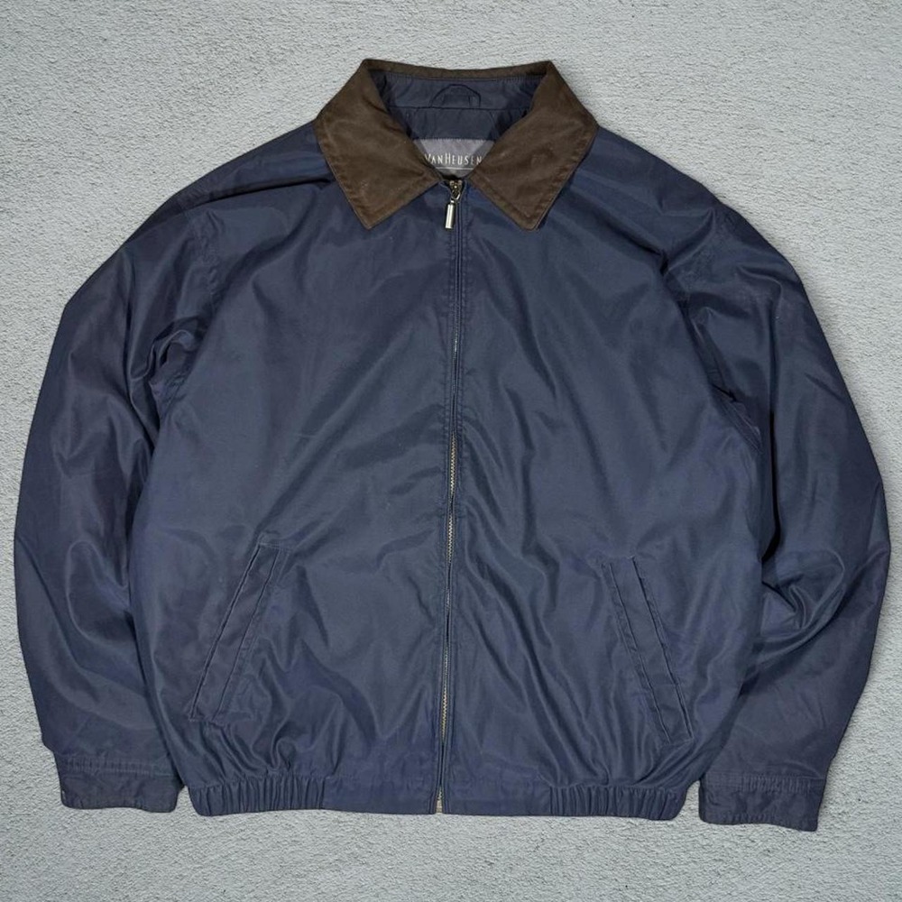 Van Heusen Mens Navy Blue Harrington Jacket Brown Collar Size L